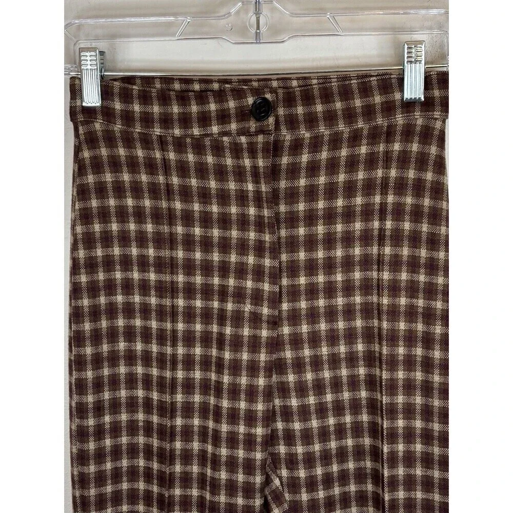 FREE PEOPLE Brown Motif Checkered Pants Women 2 Straight Slim Leg High Rise Soft